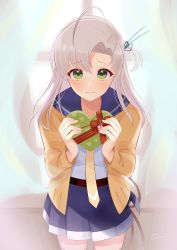 Rule 34 | 1girl, antenna hair, cardigan, commentary request, cowboy shot, gift, green eyes, grey hair, hair tie, heart, highres, kantai collection, kazuki kan, kinugasa (kancolle), kinugasa kai ni (kancolle), looking at viewer, one side up, purple sailor collar, purple skirt, sailor collar, skirt, solo, window, yellow cardigan, yellow neckwear