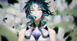 Rule 34 | 1boy, bad id, bad pixiv id, bare shoulders, bead necklace, beads, black hair, blurry, blurry background, blurry foreground, chromatic aberration, closed mouth, dhfz181, eyeshadow, facial mark, genshin impact, green hair, jewelry, makeup, male focus, mountain, multicolored hair, necklace, outdoors, red eyeshadow, solo, upper body, xiao (genshin impact), yellow eyes