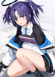 Rule 34 | 1girl, :o, black skirt, blue archive, blue eyes, blue necktie, book, collared shirt, commission, e buki, hair ornament, halo, highres, jacket, light blush, looking at viewer, mechanical halo, necktie, paper, purple hair, shirt, skeb commission, skirt, sleeves past wrists, solo, squatting, two side up, white jacket, white shirt, yuuka (blue archive)