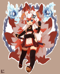 Rule 34 | 1girl, :d, ahoge, animal ears, armlet, bare hips, bare shoulders, black gloves, black thighhighs, blue eyes, blue fire, elbow gloves, fang, fire, fox ears, fox girl, fox tail, full body, geta, gloves, hair ornament, highres, hip vent, imibi-chan, jewelry, katana, long hair, looking at viewer, multicolored hair, multiple tails, open mouth, original, outline, pendant, red hair, rope, sheath, sheathed, shimenawa, shuriken, shuriken hair ornament, simple background, skirt, smile, solo, standing, sword, tail, teeth, thighhighs, two-tone hair, very long hair, weapon, white hair, zettai ryouiki, zizi niisan