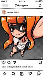 Rule 34 | 1girl, battery indicator, blunt bangs, bodypaint, breasts, closed mouth, collarbone, domino mask, fake screenshot, false clothes, from above, half-closed eyes, heart, highres, inkling player character, instagram, instagram username, long hair, magnifying glass, mask, navel, nintendo, nipples, nude, orange hair, painted clothes, plus, pointy ears, selfie, small breasts, smile, solo, splatoon (series), splatoon 1, squid, standing, uncensored, verymediocre, wavy mouth, wifi symbol