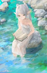 Rule 34 | 1girl, book, book on lap, breasts, closed mouth, dress, earrings, frieren, green hair, grey hair, highres, holding, holding book, io (io oekaki), jewelry, long hair, looking at viewer, pointy ears, rock, see-through, signature, sitting, sitting on rock, sleeveless, sleeveless dress, small breasts, soaking feet, solo, sousou no frieren, twintails, water, wet, wet clothes, wet dress, white dress