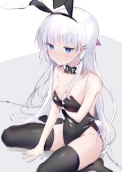 Rule 34 | 1girl, :t, absurdres, animal ears, arm under breasts, bare arms, bare shoulders, between legs, black bow, black bowtie, black leotard, black thighhighs, blue eyes, blush, bow, bowtie, breasts, cleavage, collar, commentary, detached collar, embarrassed, eyelashes, fake animal ears, feet, hair between eyes, hair ornament, hair over shoulder, hair ribbon, hair spread out, hairclip, hand between legs, highres, knees out of frame, leotard, long hair, looking at viewer, medium breasts, naruse shiroha, no shoes, pink ribbon, playboy bunny, pout, rabbit ears, ribbon, shiny clothes, sidelocks, simple background, sitting, skindentation, solo, summer pockets, sweatdrop, thighhighs, thighs, toes, upturned eyes, v-shaped eyebrows, very long hair, wariza, white background, white collar, white hair, yutori z71
