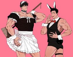 Rule 34 | 2boys, :p, alternate costume, animal ears, balnom, bara, black shorts, blush, bow, bowtie, broom, carrying over shoulder, cigarette, covered abs, enmaided, feet out of frame, frilled skirt, frills, hand up, highres, holding, holding broom, large pectorals, maid, maid headdress, male focus, male playboy bunny, multiple boys, muscular, muscular male, one eye closed, original, pectoral cleavage, pectorals, pink background, puffy sleeves, rabbit boy, rabbit ears, rabbit tail, red bow, red bowtie, scar, scar on chest, short hair, short sleeves, shorts, sideburns, sidepec, skirt, standing, tail, thick thighs, thighs, tongue, tongue out