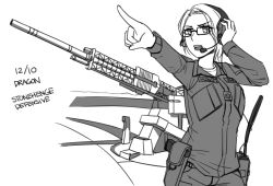 Rule 34 | 1girl, ace combat, ace combat 7: skies unknown, breasts, cannon, dated, deanna mconie, ear protection, forehead, glasses, greyscale, headset, highres, jacket, long sleeves, looking away, magnetic weapon, monochrome, ndtwofives, outstretched arm, pants, parted bangs, pointing, railgun, shirt, small breasts, solo, stonehenge (ace combat), stonehenge turret network, teeth, upper teeth only, white background