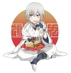 Rule 34 | 10s, 1672, 1boy, :p, aged down, bad id, bad pixiv id, box, child, chocolate, cookie, food, food on face, indian style, japanese clothes, male focus, pocky, sitting, solo, tabi, tongue, tongue out, touken ranbu, tsurumaru kuninaga, white hair, yellow eyes