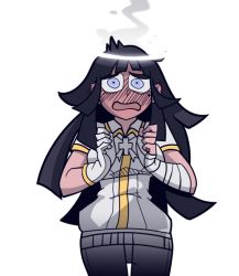 Rule 34 | 1girl, alternate eye color, alternate hair color, azazel (helltaker), azazel (helltaker) (cosplay), bandaged arm, bandages, bini (xocolatl 501), black hair, blue eyes, blush, breasts, commentary request, cosplay, cowboy shot, cross, danganronpa (series), danganronpa 2: goodbye despair, full-face blush, gloves, halo, hands up, helltaker, jacket, large breasts, long hair, looking at viewer, mole, mole under eye, open mouth, pants, parody, short sleeves, simple background, single glove, solo, steam, transparent background, tsumiki mikan, white background, white gloves, white jacket, white pants