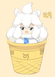 Rule 34 | 1girl, :d, ahoge, animal ear fluff, animal ears, blue necktie, blush, breasts, bucket, chibi, commentary request, fang, fur collar, grey eyes, in bucket, in container, japari symbol, kemono friends, large breasts, lets0020, lion ears, lion girl, long hair, looking at viewer, medium bangs, necktie, numbered, open mouth, plaid necktie, simple background, skin fang, smile, solo, upper body, white hair, white lion (kemono friends), yellow background