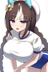 1girl animal_ears blue_buruma braid breasts brown_hair buruma ear_covers gym_shirt gym_uniform haskap hat highres hokko_tarumae_(umamusume) horse_ears horse_girl horse_tail large_breasts long_hair looking_at_viewer multicolored_hair pataneet purple_eyes shirt simple_background solo streaked_hair striped_hair t-shirt tail twin_braids umamusume white_background white_hair white_hat white_shirt