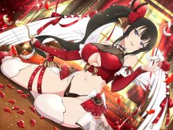 Rule 34 | 1girl, angel wings, black hair, black panties, blue eyes, bow (weapon), breasts, cleavage, cleavage cutout, clothing cutout, detached sleeves, feathers, flower, flower-shaped pupils, hair ribbon, high heels, highres, holding, holding bow (weapon), holding weapon, kagura (senran kagura), kneeling, large breasts, lingerie, long hair, looking at viewer, nail polish, navel, official art, open mouth, panties, petals, red flower, red rose, ribbon, rose, senran kagura, senran kagura new link, side ponytail, smile, symbol-shaped pupils, thigh strap, thighhighs, underwear, valentine, weapon, wing ornament, wings, yaegashi nan