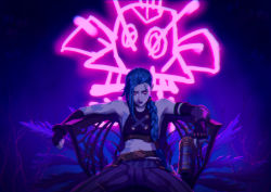 Rule 34 | 1girl, arcane: league of legends, arcane jinx, arm tattoo, asymmetrical bangs, bare shoulders, belt, blue hair, braid, breasts, closed mouth, cloud tattoo, commentary request, crop top, fingerless gloves, gloves, glowing, gun, highres, holding, holding gun, holding weapon, jinx (league of legends), league of legends, long hair, looking at viewer, navel, pants, sad, shouhei, sitting, smile, solo, striped clothes, striped pants, tattoo, very long hair, weapon