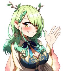 Rule 34 | 1girl, antlers, blue dress, blush, breasts, ceres fauna, ceres fauna (1st costume), cleavage, commentary request, ddolbang, dress, ear blush, earrings, flower, gradient hair, green hair, grin, hair flower, hair ornament, highres, hololive, hololive english, horns, jewelry, korean commentary, large breasts, layered dress, long hair, looking at viewer, mole, mole under eye, multicolored hair, simple background, smile, solo, streaked hair, transparent background, upper body, virtual youtuber, waving, white dress, yellow eyes