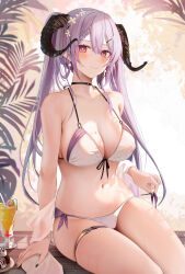 Rule 34 | 1girl, bare shoulders, bikini, black choker, black nails, breasts, choker, cleavage, closed mouth, hair ornament, hairclip, highres, horns, large breasts, long hair, looking at viewer, mole, mole on breast, mole under eye, nail polish, navel, original, purple eyes, purple hair, ru zhai, sitting, smile, solo, stomach, swimsuit, thigh strap, thighs, twintails, white bikini