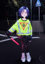Rule 34 | 1girl, absurdres, bad id, bad twitter id, black pantyhose, blue hair, bright pupils, full body, gishiki (gshk), high-visibility vest, highres, holding, lamppost, long sleeves, looking at viewer, manhole cover, neon lights, night, original, pantyhose, photo background, red eyes, road sign, shoes, sign, sleeves past wrists, smile, solo, white footwear