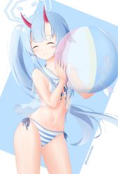 Rule 34 | 1girl, absurdres, ball, bare arms, beachball, bikini, bikini top only, blue archive, blue hair, blue halo, blush, chise (blue archive), chise (swimsuit) (blue archive), closed eyes, halo, highres, karamoshiba, light blue hair, looking at viewer, official alternate costume, official alternate hairstyle, purple eyes, side ponytail, simple background, solo, swimsuit