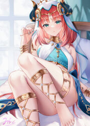 Rule 34 | 1girl, aqua nails, armlet, barefoot, bed sheet, blunt bangs, breasts, brooch, circlet, commentary request, curtains, eric (tianqijiang), fake horns, forehead jewel, genshin impact, gold, gold bracelet, green eyes, highres, horns, jewelry, legs, long hair, looking at viewer, low twintails, medium breasts, mimikaki, nail polish, neck ring, nilou (genshin impact), parted lips, pillow, red hair, sitting, solo, thighlet, thighs, toenail polish, toenails, twintails, white veil, window