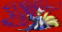 Rule 34 | 1girl, animal hat, aouji, blonde hair, blue eyes, female focus, fox tail, hat, highres, long sleeves, mob cap, multiple tails, open mouth, mob cap, red background, short hair, sitting, solo, tail, tassel, touhou, wide sleeves, yakumo ran