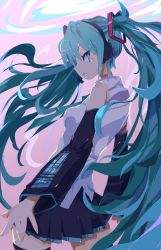 Rule 34 | 1girl, :&lt;, bare shoulders, black skirt, black sleeves, closed mouth, commentary, cowboy shot, detached sleeves, from side, gradient background, hair ornament, hantic888, hatsune miku, headphones, highres, long hair, looking at viewer, looking to the side, pink background, shirt, skirt, solo, standing, thighhighs, very long hair, vocaloid, white shirt