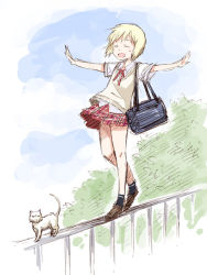Rule 34 | 1girl, agahari, alternate costume, animal, bag, blonde hair, blush, cat, erica hartmann, closed eyes, female focus, full body, nature, open mouth, outdoors, outstretched arms, ribbon, school uniform, short hair, sketch, skirt, sky, smile, solo, spread arms, strike witches, sweater, sweater vest, world witches series