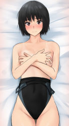 Rule 34 | 1girl, amagami, bed sheet, black hair, black one-piece swimsuit, blue one-piece swimsuit, blush, brown eyes, closed mouth, clothes pull, collarbone, commentary, competition swimsuit, covering privates, covering breasts, cowboy shot, crossed arms, from above, groin, hands on own breasts, highleg, highleg swimsuit, highres, light smile, looking at viewer, lying, nanasaki ai, nose blush, on back, on bed, one-piece swimsuit, one-piece swimsuit pull, one-piece tan, raised eyebrows, short hair, smile, solo, swimsuit, tan, tanline, thigh gap, topless, two-tone swimsuit, yoo tenchi