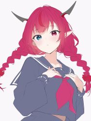Rule 34 | 1girl, artistic error, black horns, black sailor collar, black serafuku, black skirt, blue eyes, blush, braid, demon girl, demon horns, hand on own chest, heterochromia, highres, hololive, hololive english, horns, irys (gaming casual) (hololive), irys (hololive), long sleeves, looking at viewer, low twin braids, midriff peek, multicolored hair, neckerchief, official alternate costume, official alternate hairstyle, open mouth, puffy long sleeves, puffy sleeves, red eyes, red hair, red neckerchief, sailor collar, school uniform, serafuku, simple background, skirt, solo, soybean (hisoybean), streaked hair, twin braids, virtual youtuber, white background