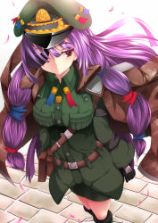 Rule 34 | 1girl, blush, book, boots, bow, breasts, colorized, eyepatch, female focus, gloves, goma azarasi, hair bow, hair ribbon, hat, highres, jacket, long hair, md5 mismatch, military, military uniform, patchouli knowledge, purple eyes, purple hair, ribbon, skirt, solo, sukage, touhou, uniform