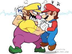 Rule 34 | 2boys, angry, artist name, blue eyes, blue overalls, brown footwear, brown hair, clenched teeth, collar grab, facial hair, fat, fat man, from side, gloves, green footwear, hat, mario, mario (series), multiple boys, muscular, muscular male, mustache, nintendo, overalls, purple overalls, red hat, red shirt, shirt, simple background, teeth, wario, wario land, white background, white gloves, ya mari 6363, yellow hat, yellow shirt