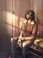 Rule 34 | 1boy, artist name, beard, bench, brown hair, brown jacket, chihiro (jnkch6), facial hair, indoors, jacket, joe (megalo box), male focus, megalo box, pants, pill bottle, red shirt, scar, scar on face, shadow, shirt, sitting, solo, torn clothes, torn pants