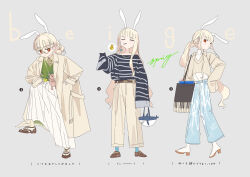 Rule 34 | 1girl, animal ears, bag, blonde hair, blush, closed eyes, coat, fashion, full body, glasses, grey background, high heels, highres, long hair, long skirt, looking at viewer, multiple views, open clothes, open coat, original, pants, ponytail, rabbit ears, red eyes, rikku-chan (ronna), ronna, shoulder bag, simple background, skirt, sleeves past fingers, sleeves past wrists, sweater, v, very long hair