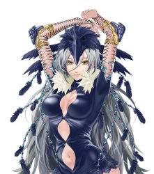 Rule 34 | 1girl, arms up, beads, bird hat, breasts, feathers, fishnets, lips, long hair, mayumio88, medium breasts, navel, reki-dama, silver hair, solo, very long hair, white background, yellow eyes