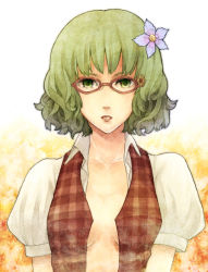 Rule 34 | 1girl, bad id, bad pixiv id, bespectacled, female focus, flower, glasses, green eyes, green hair, hair flower, hair ornament, kazami yuuka, matching hair/eyes, no bra, open clothes, open shirt, parted lips, plaid, plaid vest, shirt, short hair, short sleeves, solo, touhou, urin, vest