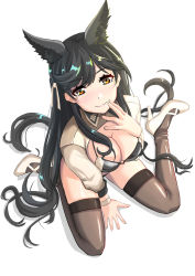 Rule 34 | alternate costume, animal ear fluff, animal ears, atago (azur lane), atago (stunning speedster) (azur lane), azur lane, bikini, black bikini, black hair, black thighhighs, blush, breasts, brown eyes, cleavage, closed mouth, extra ears, from above, full body, hair ribbon, hand on own face, highres, kneeling, large breasts, long hair, long sleeves, looking at viewer, looking up, mole, mole under eye, race queen, resolution mismatch, ribbon, shoes, shrug (clothing), simple background, skindentation, smile, solo, source larger, swimsuit, thighhighs, very long hair, white background, white footwear, white ribbon, yamagami mozuku