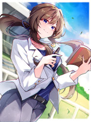 Rule 34 | 1girl, belt, blue ribbon, blue shirt, brown hair, check commentary, commentary request, formal, grey pants, hair ribbon, highres, holding, holding notebook, holding pen, horse racing track, jacket, long hair, looking at viewer, misoni (mi so ni t), notebook, otonashi etsuko, pants, pen, ponytail, purple eyes, ribbon, shirt, signature, smile, solo, suit, umamusume, white jacket