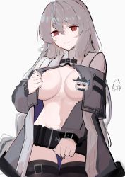 Rule 34 | 1girl, arknights, asususususu, belt, black belt, black coat, black thighhighs, breasts, censored, censored nipples, character censor, coat, cowboy shot, grey hair, hair between eyes, highres, large breasts, long hair, looking at viewer, novelty censor, open clothes, open coat, pulling own clothes, red eyes, simple background, skadi (arknights), smile, solo, specter (arknights), thighhighs, white background