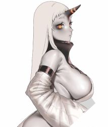 Rule 34 | 1girl, abyssal ship, breasts, collar, detached sleeves, from side, horns, kantai collection, large breasts, long hair, looking at viewer, nanja, pale skin, seaport princess, sideboob, simple background, single horn, solo, white background, white hair, wide sleeves