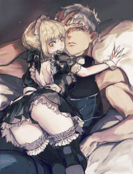 Rule 34 | 1boy, 1girl, archer (fate), artoria pendragon (all), artoria pendragon (fate), ass, back bow, black bow, black dress, black footwear, black panties, blonde hair, boots, bow, dress, fate/stay night, fate (series), frills, grey eyes, hair bow, hand on own face, looking at viewer, maid, maid headdress, official alternate costume, panties, pillow, saber alter, short dress, short hair, thigh boots, thighhighs, underwear, white bow, white hair, wrist cuffs, yaku (ziroken), yellow eyes