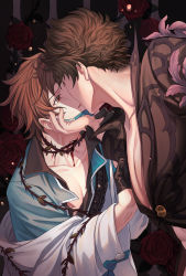 Rule 34 | 2boys, belial (granblue fantasy), black hair, black jacket, blue shirt, brown eyes, brown hair, doctor, doctor (granblue fantasy), face grab, feather boa, flower, gran (granblue fantasy), granblue fantasy, hand on another&#039;s face, highres, incoming kiss, jacket, lab coat, lalatia-meai, large pectorals, looking at another, male focus, mask, mask pull, mouth mask, multiple boys, muscular, muscular male, off shoulder, pectorals, red flower, red rose, revealing clothes, rose, shirt, short hair, thorns, yaoi