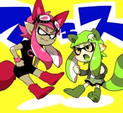 Rule 34 | 2girls, animal ears, bike shorts, blazer, clenched hand, dark-skinned female, dark skin, fang, female inkling, fox ears, fox tail, green hair, hair ornament, hairclip, hands on own hips, hat, inkling, inkling girl, inkling player character, jacket, looking at another, mask, multiple girls, nana (raiupika), nintendo, paw shoes, pink hair, pleated skirt, pointy ears, raccoon ears, raccoon tail, school uniform, shirt, shoes, sidelocks, simple background, skirt, t-shirt, tail, tentacle hair, wristband, yellow background, yellow eyes