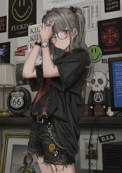 Rule 34 | 1girl, absurdres, belt, black belt, black shirt, black shorts, blue screen of death, chain, closed mouth, computer, computer tower, cowboy shot, earrings, gishiki (gshk), glasses, grey hair, hair ornament, hands up, highres, jewelry, looking at viewer, monitor, original, profanity, purple eyes, ring, round eyewear, route 66, shirt, short shorts, short sleeves, shorts, smiley face, solo, star (symbol), star earrings, torn clothes, torn shorts, twintails, watch, wristband, wristwatch