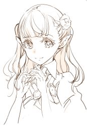 Rule 34 | 1girl, character check, corrin (female) (fire emblem), corrin (fire emblem), endou okito, fire emblem, fire emblem fates, flower, hair flower, hair ornament, long hair, monochrome, nintendo, pointy ears, rose, smile, solo, twintails, upper body