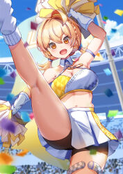 Rule 34 | 1girl, ahoge, arm up, armpits, bare shoulders, bike shorts, black shorts, blonde hair, blue archive, blurry, braid, breasts, cheerleader, cleavage, cowboy shot, crop top, depth of field, halterneck, highres, holding, holding pom poms, kotori (blue archive), kotori (cheer squad) (blue archive), large breasts, leg up, legs, long hair, looking at viewer, midriff, millennium cheerleader outfit (blue archive), miniskirt, navel, official alternate costume, open mouth, orange eyes, pleated skirt, pom pom (cheerleading), pom poms, shirt, short twintails, shorts, shorts under skirt, skindentation, skirt, sleeveless, sleeveless shirt, smile, socks, solo, spaghetti strap, standing, standing on one leg, stomach, thighs, twintails, two-tone shirt, v-shaped eyebrows, white shirt, white skirt, white socks, wing collar, yu ni t