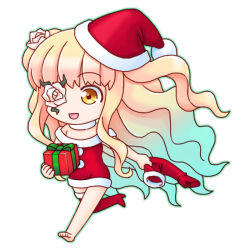 Rule 34 | 1girl, :d, aka (s3637), bare shoulders, blonde hair, boots, chibi, choker, christmas, dress, eyepatch, flower, flower eyepatch, flower over eye, gift, hat, kirakishou, long hair, open mouth, red footwear, red thighhighs, rose, rozen maiden, santa boots, santa costume, santa hat, shoes, single boot, single shoe, smile, solo, thigh boots, thighhighs, two side up, unworn boot, unworn boots, very long hair, yellow eyes