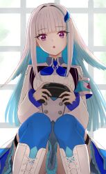 Rule 34 | 1girl, aqua hair, blue thighhighs, blunt bangs, boots, colored inner hair, commentary request, controller, game controller, grey hair, highres, holding, holding controller, holding game controller, indoors, knees together feet apart, lize helesta, long hair, long sleeves, looking at viewer, multicolored hair, nijisanji, open mouth, purple eyes, shirt, sitting, solo, thigh strap, thighhighs, tonton utaro, virtual youtuber, white shirt