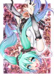 Rule 34 | 1girl, bridal gauntlets, green eyes, green hair, hatsune miku, hatsune miku (append), heart, heart-shaped pupils, highres, long hair, looking at viewer, matching hair/eyes, necktie, open mouth, solo, symbol-shaped pupils, thighhighs, twintails, upside-down, very long hair, vocaloid, vocaloid append