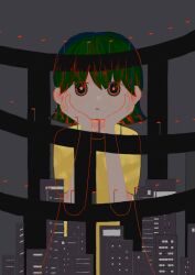 Rule 34 | 1girl, arm support, building, city, cityscape, dress, expressionless, hand on own cheek, hand on own face, highres, kaigara chan, lamppost, looking at viewer, night, original, see-through silhouette, short hair, solo, town, yellow dress