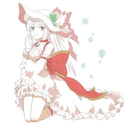 Rule 34 | 1girl, arms under breasts, blunt bangs, blush, bow, breasts, choker, cleavage, commentary request, corset, detached sleeves, dress, frilled dress, frilled sleeves, frills, full body, gem, green eyes, grin, hat, hime cut, kneehighs, large bow, long hair, looking at viewer, manoji, medium breasts, official alternate costume, pink hat, ragnarok online, red bow, red choker, simple background, sleeveless, sleeveless dress, smile, socks, solo, sun hat, wanderer (ragnarok online), white background, white dress, white hair, white sleeves, white socks, wide sleeves