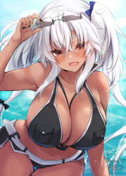 Rule 34 | 1girl, absurdres, beach, bikini, black bikini, black nails, blush, breasts, cleavage, commentary request, cowboy shot, dark-skinned female, dark skin, dated, day, eyewear on head, glasses, gradient nails, hair between eyes, highres, kantai collection, large breasts, long hair, looking at viewer, mashiro yukiya, musashi (kancolle), musashi kai ni (kancolle), ocean, official alternate costume, open mouth, partial commentary, pointy hair, rectangular eyewear, red eyes, semi-rimless eyewear, signature, smile, solo, swimsuit, twintails, water, white hair