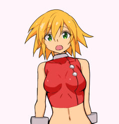 Rule 34 | 1girl, blonde hair, breasts, green eyes, impossible clothes, long hair, looking at viewer, medium breasts, mega man (series), mega man legends (series), midriff, navel, nishi tanuki, open mouth, roll caskett (mega man), simple background, solo, white background