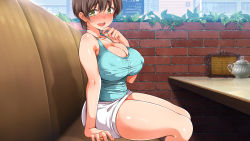 Rule 34 | 1boy, 2girls, :d, bare arms, blush, booth seating, breasts, brick wall, brown hair, cleavage, collarbone, covered erect nipples, green tank top, hair between eyes, hand on own chin, hand on own thigh, highres, huge breasts, looking at viewer, lucky dosukebe! zenpen, marron marron, menu, multiple girls, non-web source, open mouth, photoshop (medium), short hair, sitting, skirt, smile, solo focus, table, tank top, teeth, thick thighs, thighs, upper teeth only, white skirt, yellow eyes