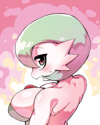 Rule 34 | 1girl, absurdres, back, backless outfit, bare shoulders, blush, bob cut, breasts, colored skin, creatures (company), doromi, female focus, from behind, game freak, gardevoir, gen 3 pokemon, green hair, half-closed eyes, highres, large breasts, looking at viewer, looking back, nintendo, open mouth, pink background, pokemon, pokemon (creature), profile, red eyes, short hair, solo, sweat, upper body, white skin
